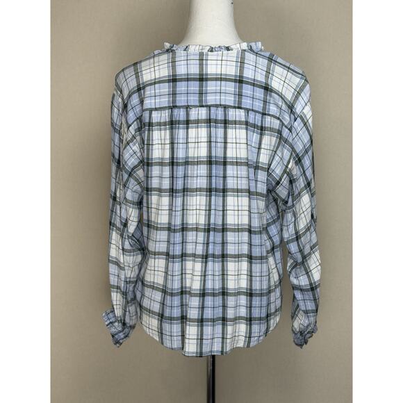 Loft Women’s Sz S Blue White Plaid V-Neck Ruffle Trim Crepe Texture Button Up - Picture 6 of 12